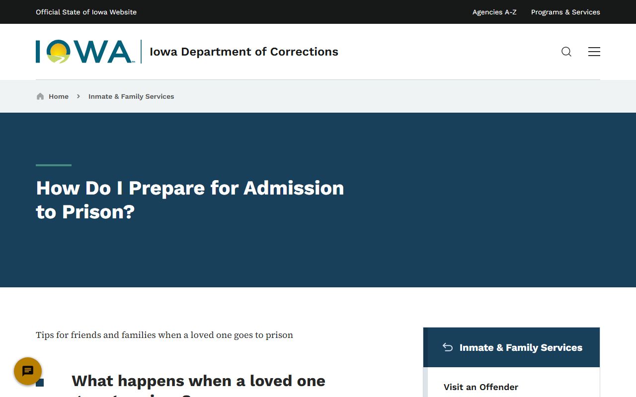 Iowa DOC prison admission page explaining IMCC inmate intake and classification