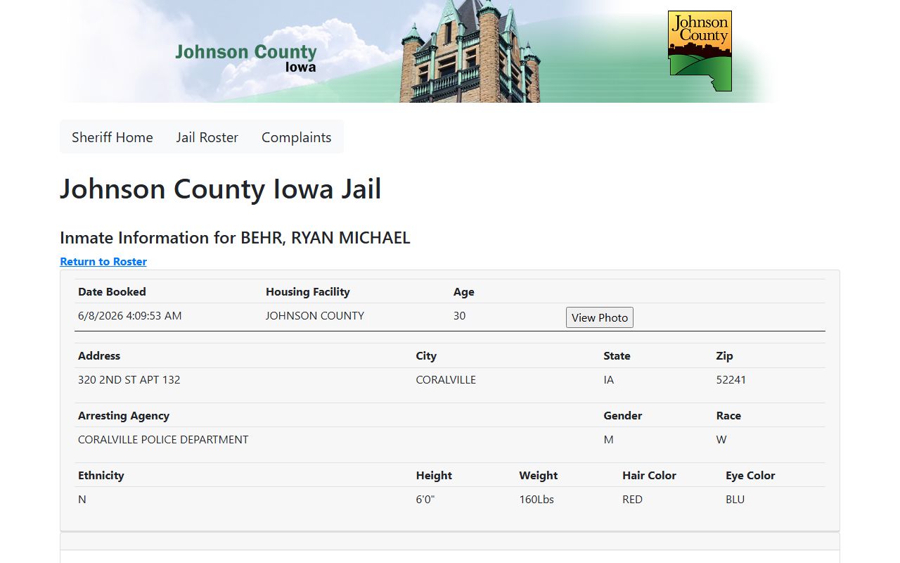 Johnson County jail mugshots roster detail with booking photo button