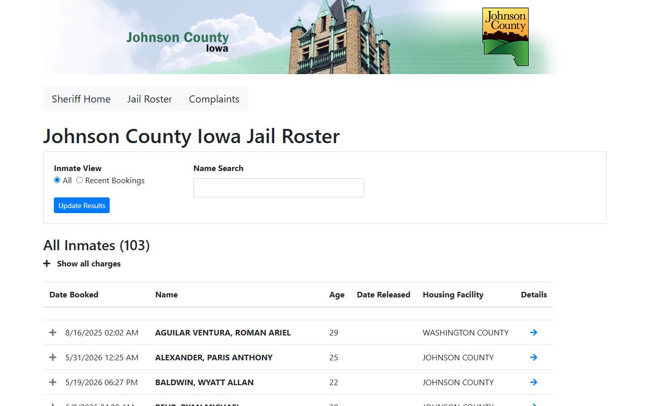Johnson County jail roster search fields and inmate records list